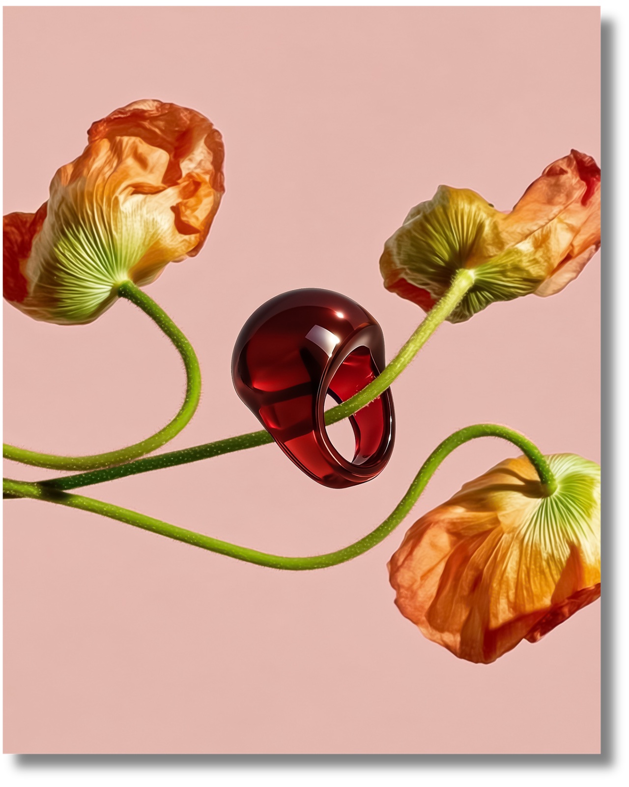 Lalique Cabochon ring among poppies, generated with Nano Banana
