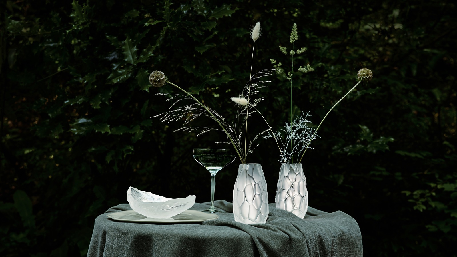 Lalique table setting in a garden